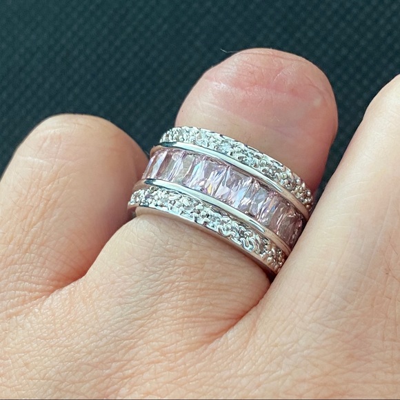 Baguette Paved Ring Pink Silver Size 6 - Picture 2 of 14